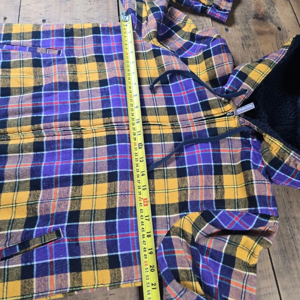 LL Bean Relaxed Fit Sherpa Lined Flannel Hoodie Purple Gold Plaid 505453 Small